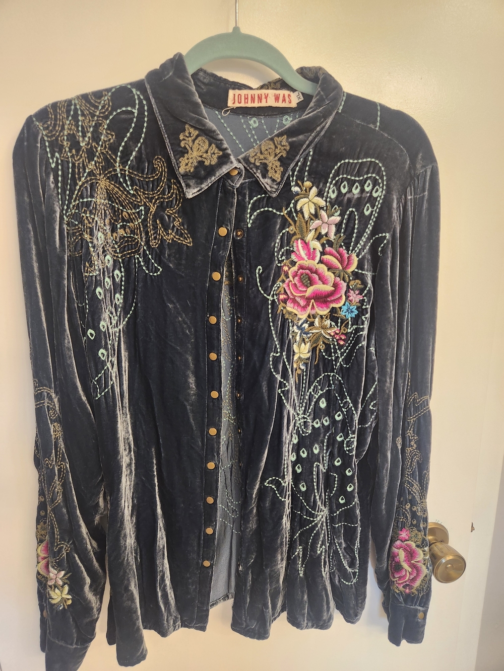 Johnny Was Womens Navy Velvet Embroidered Button-Up Shirt